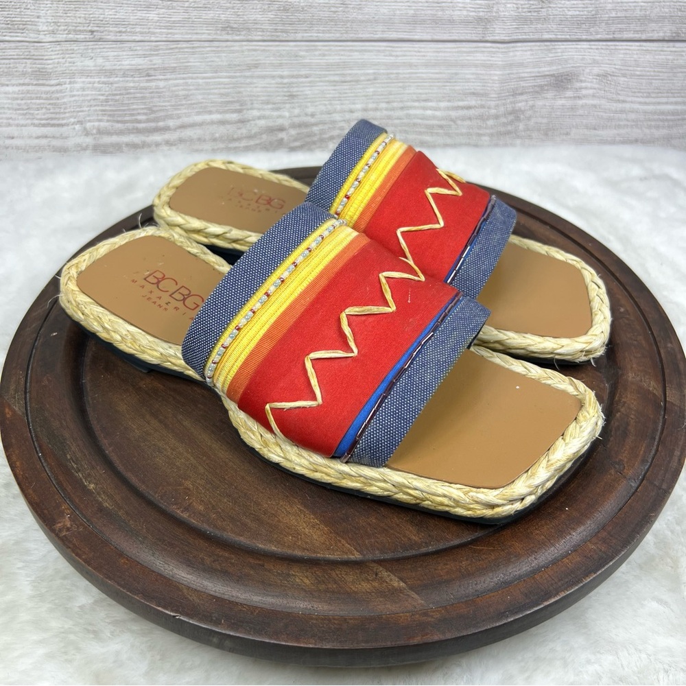 BCBG Max Azria Multicolor Raffia Sandals Shoes Size 7.5 Y2K Retro Slip On